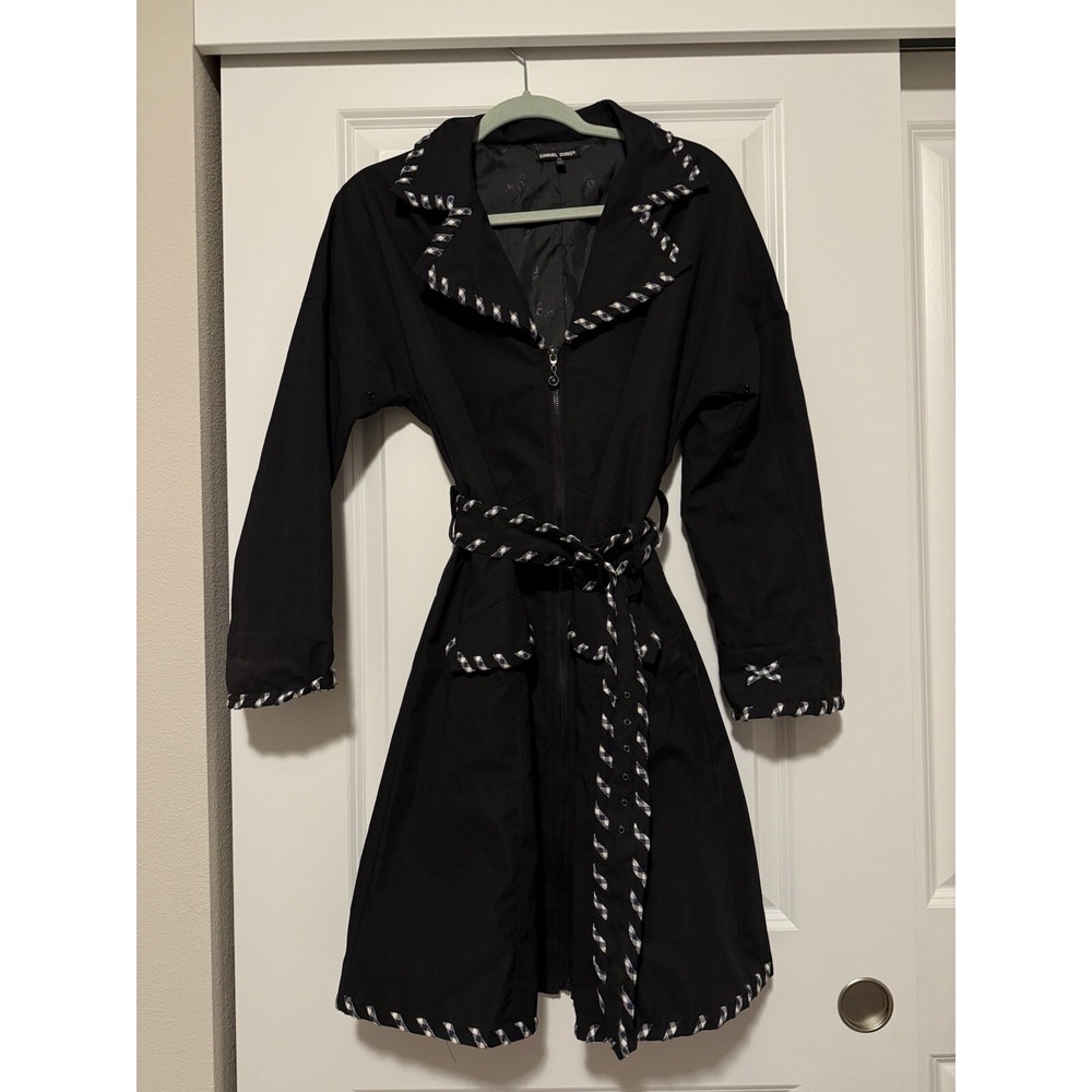 SAMUEL DONG Black Trench Coat with Plaid‎ Trim Tie Size XS Rare Retro